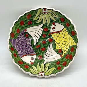 Turkish Pottery Hand Painted Fish Bowl 6” Dortler Cini Kutahya Turkey Vintage